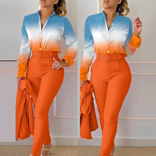 Chicme Women'S Ombre Buttoned Shirt & High Waist Pants Set